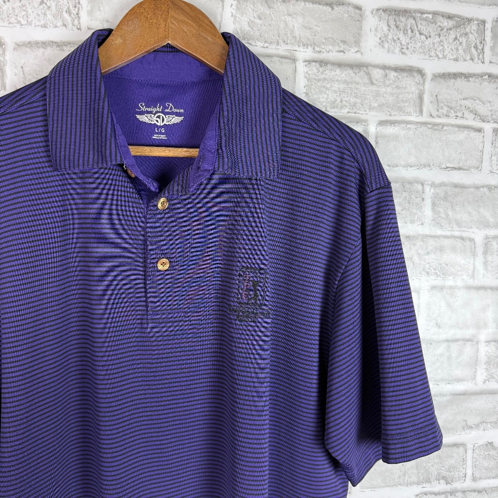 Straight Down Golf x Snoqualmie Ridge Purple Striped Performance Polo Mens LARGE